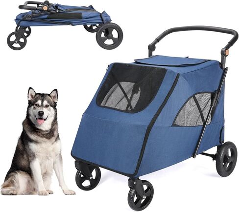 Large Dog Travel Stroller with 4 Heavy Duty Wheels Pet Stroller with Adjustable Handle - Double Doggie Capacity Jogger Wagon with Back Front Door for Small Medium Large Dogs (Black A) in Saudi Arabia