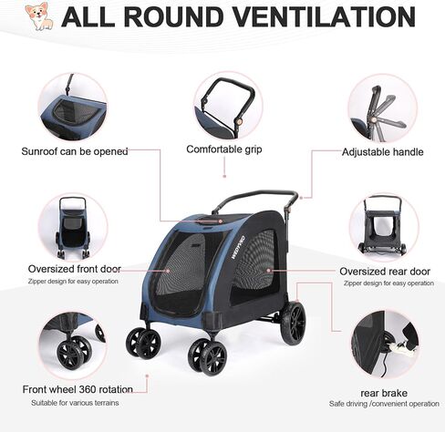 Large Dog Travel Stroller with 4 Heavy Duty Wheels Pet Stroller with Adjustable Handle - Double Doggie Capacity Jogger Wagon with Back Front Door for Small Medium Large Dogs (Black A) in Saudi Arabia