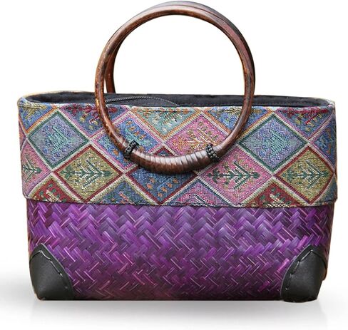 QTKJ Summer Beach Bag, Boho Handmade Rattan Handbag, Round Bamboo Handle, Large Straw Retro patternTote Bag for Beach Vacation Daily(Purple) in Saudi Arabia