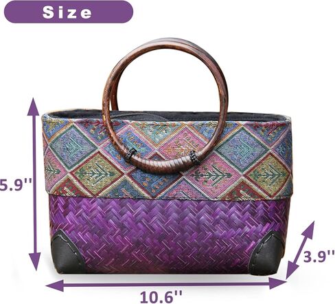 QTKJ Summer Beach Bag, Boho Handmade Rattan Handbag, Round Bamboo Handle, Large Straw Retro patternTote Bag for Beach Vacation Daily(Purple) in Saudi Arabia