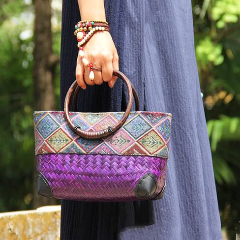 QTKJ Summer Beach Bag, Boho Handmade Rattan Handbag, Round Bamboo Handle, Large Straw Retro patternTote Bag for Beach Vacation Daily(Purple) in Saudi Arabia