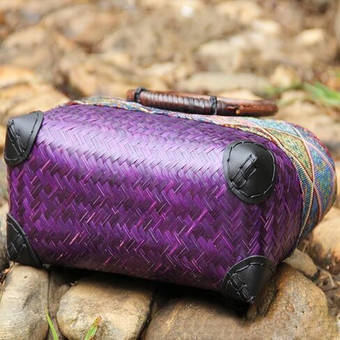 QTKJ Summer Beach Bag, Boho Handmade Rattan Handbag, Round Bamboo Handle, Large Straw Retro patternTote Bag for Beach Vacation Daily(Purple) in Saudi Arabia