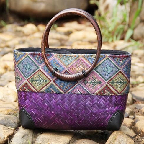 QTKJ Summer Beach Bag, Boho Handmade Rattan Handbag, Round Bamboo Handle, Large Straw Retro patternTote Bag for Beach Vacation Daily(Purple) in Saudi Arabia