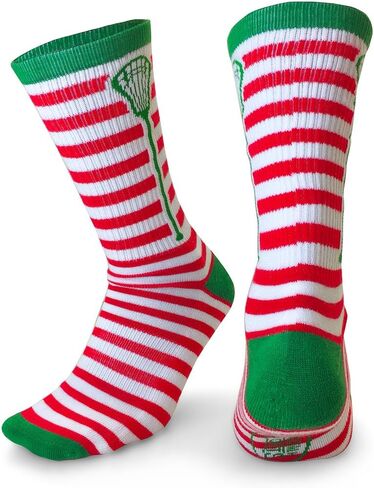 ChalkTalkSPORTS Athletic Half Cushioned Lacrosse Crew Socks | Mid Calf | Christmas Lax Stripes | Red & White in Saudi Arabia