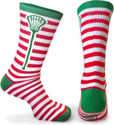 ChalkTalkSPORTS Athletic Half Cushioned Lacrosse Crew Socks | Mid Calf | Christmas Lax Stripes | Red & White in Saudi Arabia
