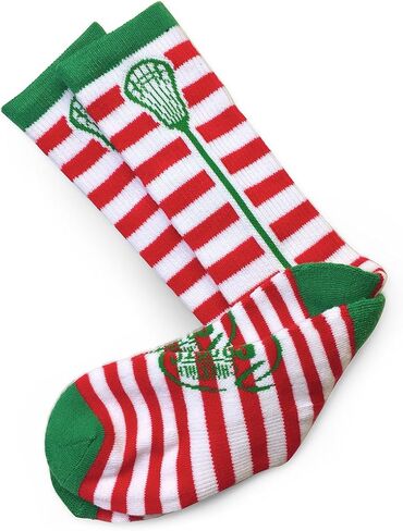 ChalkTalkSPORTS Athletic Half Cushioned Lacrosse Crew Socks | Mid Calf | Christmas Lax Stripes | Red & White in Saudi Arabia