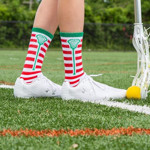 ChalkTalkSPORTS Athletic Half Cushioned Lacrosse Crew Socks | Mid Calf | Christmas Lax Stripes | Red & White in Saudi Arabia
