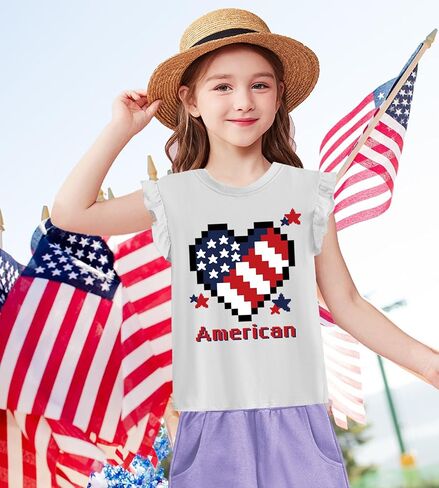 تي شيرت Tkria July 4th بأكمام مكشكشة للفتيات الصغيرات برقبة دائرية تي شيرت العلم الأمريكي الزي الوطني من 2 إلى 7 سنوات in Kuwait