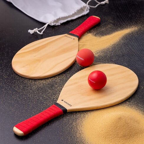 Navaris Wooden Beach Rackets Set - Includes 2 Wooden Paddles and 2 Balls - Varnished Outdoor Wood Paddle Bat Ball Game for Park or Garden - Blue in Saudi Arabia