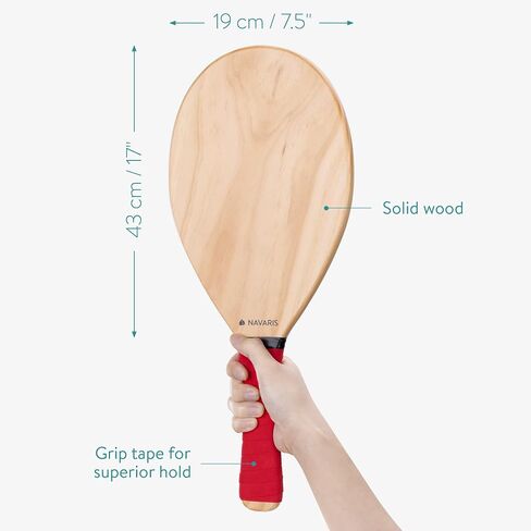 Navaris Wooden Beach Rackets Set - Includes 2 Wooden Paddles and 2 Balls - Varnished Outdoor Wood Paddle Bat Ball Game for Park or Garden - Blue in Saudi Arabia