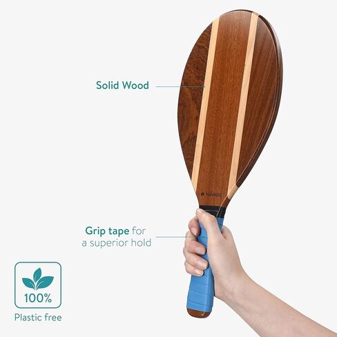 Navaris Wooden Beach Rackets Set - Includes 2 Wooden Paddles and 2 Balls - Varnished Outdoor Wood Paddle Bat Ball Game for Park or Garden - Blue in Saudi Arabia