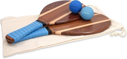 Navaris Wooden Beach Rackets Set - Includes 2 Wooden Paddles and 2 Balls - Varnished Outdoor Wood Paddle Bat Ball Game for Park or Garden - Blue in Saudi Arabia