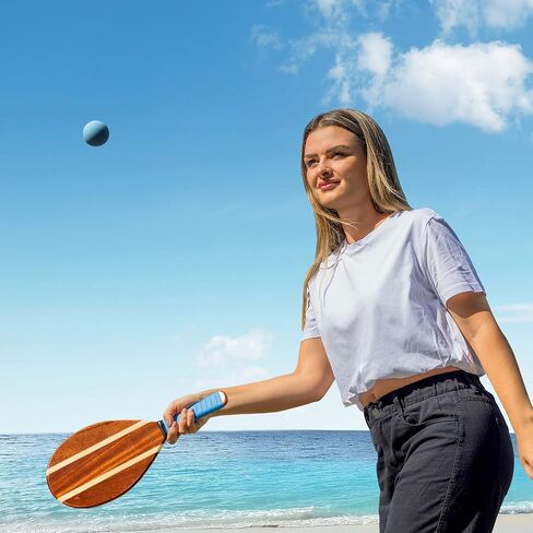 Navaris Wooden Beach Rackets Set - Includes 2 Wooden Paddles and 2 Balls - Varnished Outdoor Wood Paddle Bat Ball Game for Park or Garden - Blue in Saudi Arabia