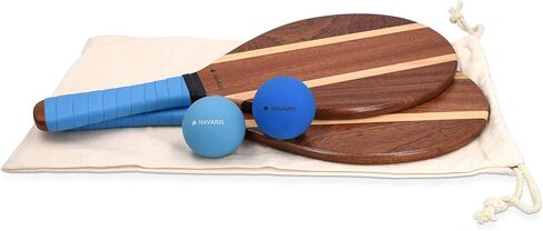 Navaris Wooden Beach Rackets Set - Includes 2 Wooden Paddles and 2 Balls - Varnished Outdoor Wood Paddle Bat Ball Game for Park or Garden - Blue in Saudi Arabia