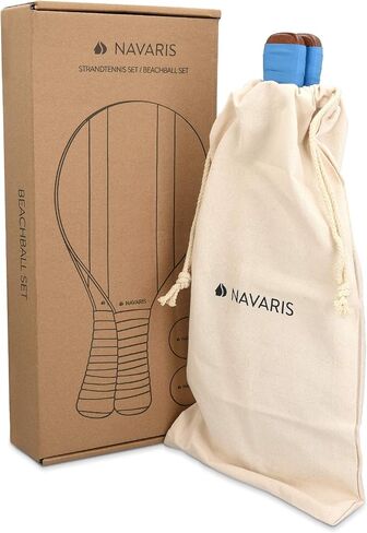Navaris Wooden Beach Rackets Set - Includes 2 Wooden Paddles and 2 Balls - Varnished Outdoor Wood Paddle Bat Ball Game for Park or Garden - Blue in Saudi Arabia