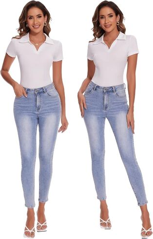 SHAPERIN Women Long Sleeve Bodysuit V Neck Polo T-shirt Basic Top Collared Body Suit Jumpsuit in Kuwait