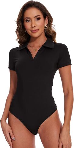 SHAPERIN Women Long Sleeve Bodysuit V Neck Polo T-shirt Basic Top Collared Body Suit Jumpsuit in Kuwait