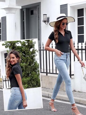SHAPERIN Women Long Sleeve Bodysuit V Neck Polo T-shirt Basic Top Collared Body Suit Jumpsuit in Kuwait