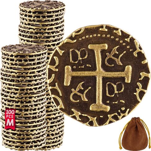 Metal Pirate Coins, 100 Medium Bronze Treasure Coin Set, Metal Replica Spanish Doubloons for Board Games, Tokens, Toys, Cosplay, Realistic Money Imitation, Pirate Treasure Chest, Diameter 7/8" in Saudi Arabia
