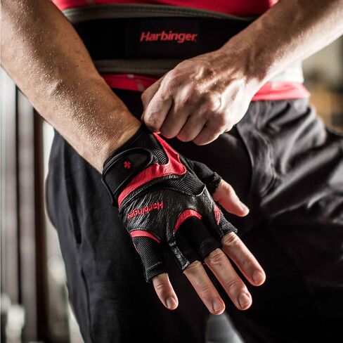 قفازات Harbinger FlexFit غير قابلة للتمرين لرفع الأثقال مع راحة يد جلدية مبطنة مرنة (زوج) أحمر/أسود، مقاس X-Large in Saudi Arabia