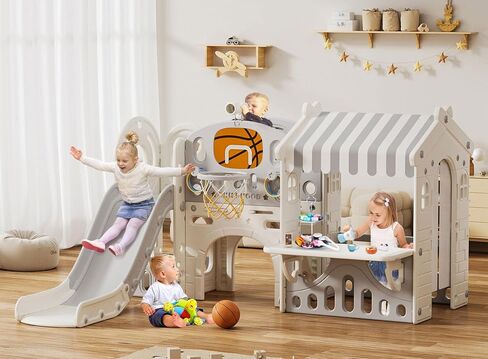 BIERUM 10 in 1 Toddler Slide with Basketball Hoop, Outdoor Slide for Toddlers Age 1-3 with Kid Playhouse, Indoor Toddler Playset Toddler Playground with Afternoon Tea Toy Set in Kuwait