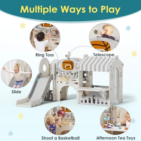 BIERUM 10 in 1 Toddler Slide with Basketball Hoop, Outdoor Slide for Toddlers Age 1-3 with Kid Playhouse, Indoor Toddler Playset Toddler Playground with Afternoon Tea Toy Set in Kuwait