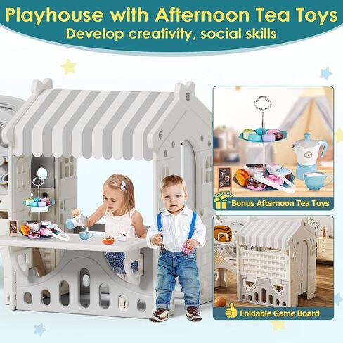 BIERUM 10 in 1 Toddler Slide with Basketball Hoop, Outdoor Slide for Toddlers Age 1-3 with Kid Playhouse, Indoor Toddler Playset Toddler Playground with Afternoon Tea Toy Set in Kuwait