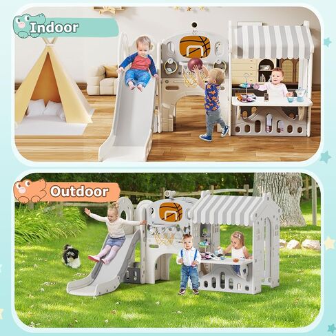 BIERUM 10 in 1 Toddler Slide with Basketball Hoop, Outdoor Slide for Toddlers Age 1-3 with Kid Playhouse, Indoor Toddler Playset Toddler Playground with Afternoon Tea Toy Set in Kuwait