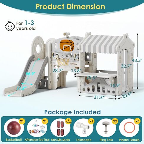 BIERUM 10 in 1 Toddler Slide with Basketball Hoop, Outdoor Slide for Toddlers Age 1-3 with Kid Playhouse, Indoor Toddler Playset Toddler Playground with Afternoon Tea Toy Set in Kuwait