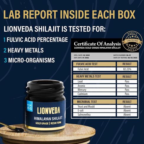 LIONVEDA راتنج شيلاجيت الهيمالايا النقي مع 85+ من المعادن النزرة وحمض الفولفيك للطاقة ودعم المناعة والتمثيل الغذائي | مكمل شيلاجيت عالي الفعالية تم اختباره معمليًا (90 وجبة / 45 جم) in Saudi Arabia