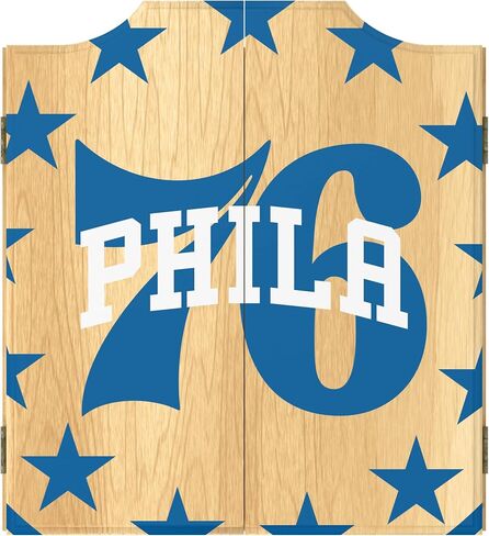 Trademark Global Dart Board Cabinet Set - Philadelphia 76ers Fade Dart Board with 6 Steel Tip Darts, Scoreboard, Hanging Wood Cupboard in Saudi Arabia