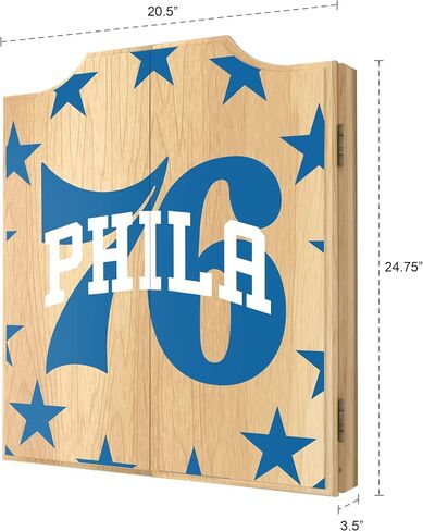 Trademark Global Dart Board Cabinet Set - Philadelphia 76ers Fade Dart Board with 6 Steel Tip Darts, Scoreboard, Hanging Wood Cupboard in Saudi Arabia