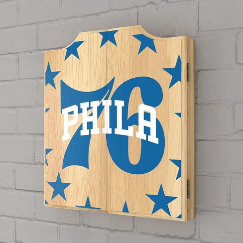 Trademark Global Dart Board Cabinet Set - Philadelphia 76ers Fade Dart Board with 6 Steel Tip Darts, Scoreboard, Hanging Wood Cupboard in Saudi Arabia