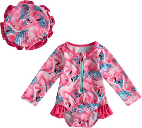 ZAXARRA Little Baby Girls Swimsuit One Piece Rash Guard Long Sleeve Zipper Ruffle Bathing Suit Toddler Summer Clothes in Kuwait