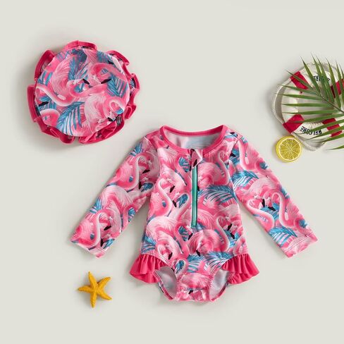 ZAXARRA Little Baby Girls Swimsuit One Piece Rash Guard Long Sleeve Zipper Ruffle Bathing Suit Toddler Summer Clothes in Kuwait