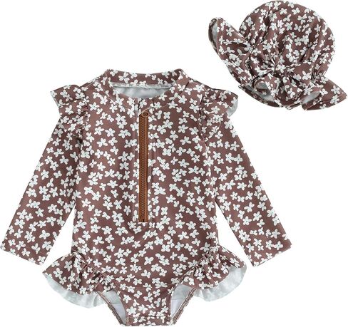 ZAXARRA Little Baby Girls Swimsuit One Piece Rash Guard Long Sleeve Zipper Ruffle Bathing Suit Toddler Summer Clothes in Kuwait