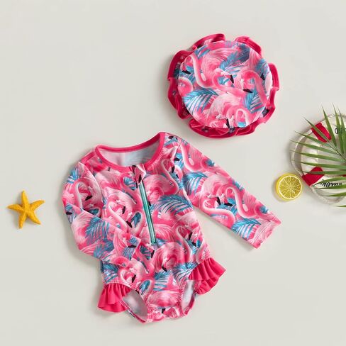 ZAXARRA Little Baby Girls Swimsuit One Piece Rash Guard Long Sleeve Zipper Ruffle Bathing Suit Toddler Summer Clothes in Kuwait
