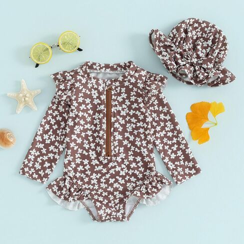 ZAXARRA Little Baby Girls Swimsuit One Piece Rash Guard Long Sleeve Zipper Ruffle Bathing Suit Toddler Summer Clothes in Kuwait
