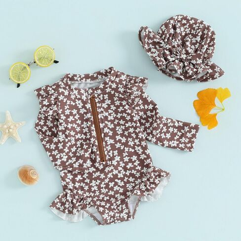 ZAXARRA Little Baby Girls Swimsuit One Piece Rash Guard Long Sleeve Zipper Ruffle Bathing Suit Toddler Summer Clothes in Kuwait