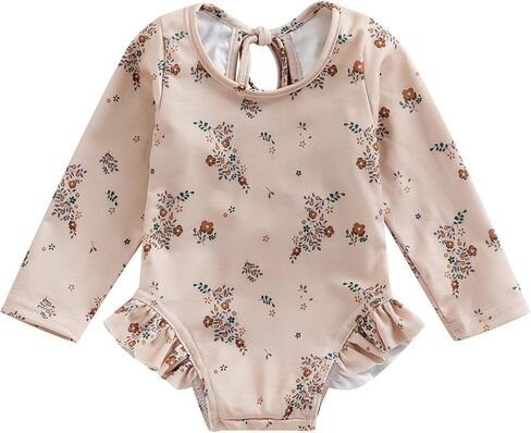 بدلة سباحة للفتيات الصغيرات من ZAXARRA قطعة واحدة من الطفح الجلدي وأكمام طويلة وسحاب مكشكش بدلة استحمام للأطفال الصغار ملابس صيفية in Kuwait