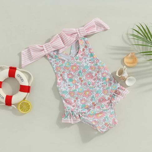 Toddler Girl Swimsuit Ruffled Floral Sleeveless Swimwear One-Piece Kids Cross Backless Baby Girl Bathing Suits in Kuwait
