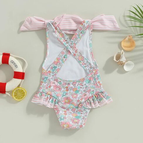 Toddler Girl Swimsuit Ruffled Floral Sleeveless Swimwear One-Piece Kids Cross Backless Baby Girl Bathing Suits in Kuwait