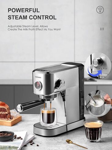 ماكينة اسبريسو 15 بار من Ihomekee، ماكينة صنع الاسبريسو مع جهاز بخار تجاري لللاتيه والكابتشينو، ماكينة قهوة اكسبريسو مع خزان مياه قابل للإزالة 42 أونصة، فولاذ مقاوم للصدأ بالكامل - CM5200 in Kuwait