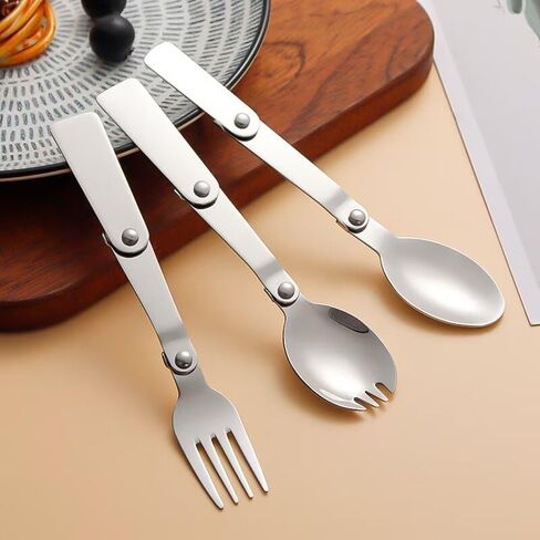 3 PCS Folding Spoon and Fork Stainless Steel Spork Portable Camping Cutlery Multi-Functional Foldable Fruit Forks for Outdoors Picnic Thermos Travel Tableware in Saudi Arabia