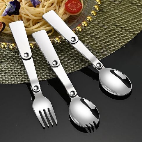 3 PCS Folding Spoon and Fork Stainless Steel Spork Portable Camping Cutlery Multi-Functional Foldable Fruit Forks for Outdoors Picnic Thermos Travel Tableware in Saudi Arabia