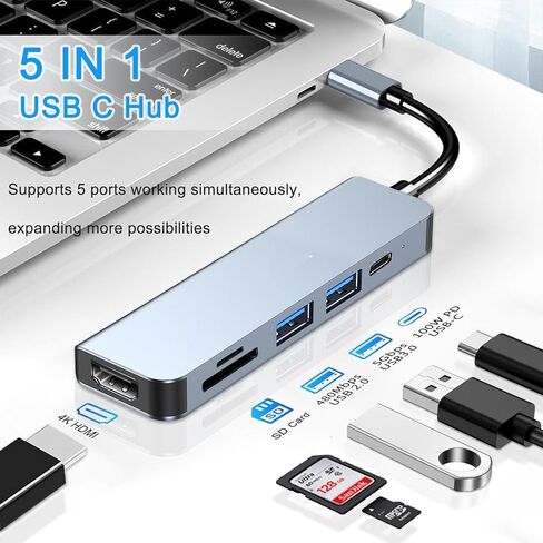 USB C Hub, USB-C Multi-Port Adapter for MacBook Pro, 6 IN 1 USBC to HDMI Hub Dongle Compatible for Laptops and Other Type C Devices (4K HDMI USB3.0 SD/TF Card Reader 100W PD) in Saudi Arabia