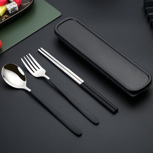 3pcs Travel Utensils with Case,Portable Silverware Set for Work, Stainless Steel Reusable Travel Cutlery Set, Fork and Spoon Set for Camping, Picnic, Gadgets, Lunch Box for Men, Black in Saudi Arabia