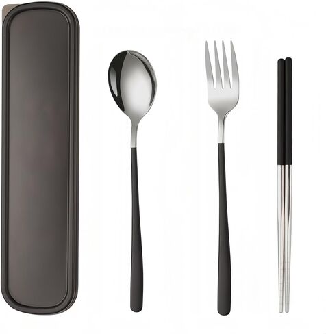 3pcs Travel Utensils with Case,Portable Silverware Set for Work, Stainless Steel Reusable Travel Cutlery Set, Fork and Spoon Set for Camping, Picnic, Gadgets, Lunch Box for Men, Black in Saudi Arabia