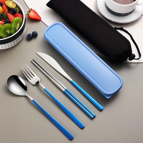 4pcs Travel Utensils with Case,Portable Silverware Set for Work, Stainless Steel Reusable Travel Cutlery Set, Fork and Spoon Set for Camping, Picnic, Gadgets, Lunch Box for Men, Black in Saudi Arabia