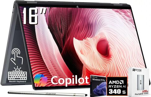 كمبيوتر محمول HP OmniBook X Flip 2 في 1 Copilot+ AI PC، شاشة لمس 16 بوصة 2K، AMD 6-Core Ryzen AI 5 340(>Intel i5-13420H)، 16 جيجابايت LPDDR5X، 512 جيجابايت SSD، كاميرا ويب 5 ميجابكسل IR، لوحة مفاتيح بإضاءة خلفية، W/128 جيجابايت PSD وقلم، Win11 Home in Saudi Arabia
